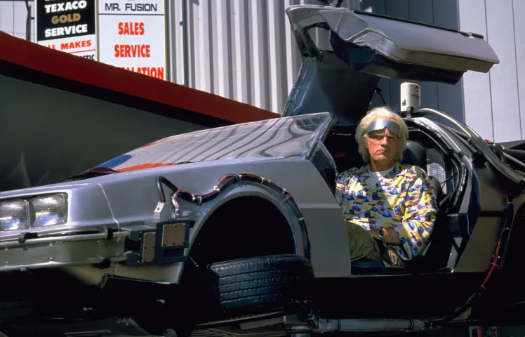 Universal Studios Home Entertainment - Doc Brown (Christopher Lloyd) in the flying DeLorean.